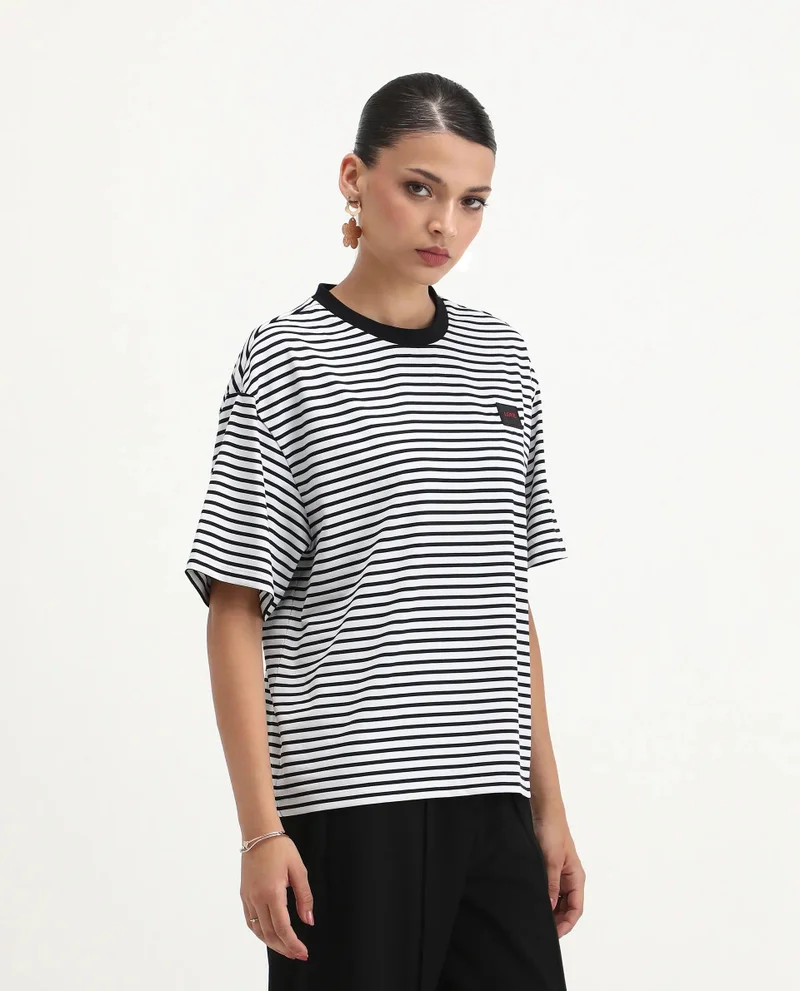 Rareism Women's Striped Crew Neck Oversized T-Shirt