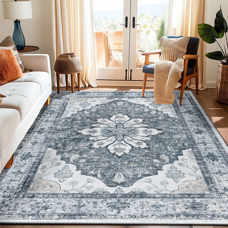 RELEANY Area Rugs 5'x7' Washable Non-Slip, Floral Vintage Distress Print Pattern Medallion Carpet for Living Room Bedroom Dining Room, Light Gray Grey White - Image 1