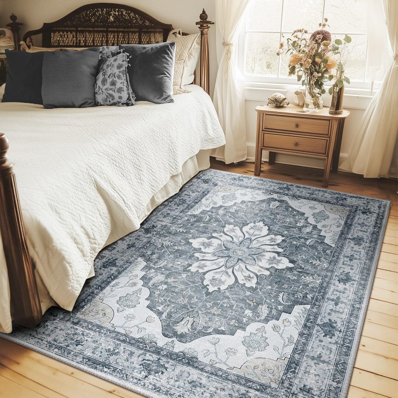 RELEANY Area Rugs 5'x7' Washable Non-Slip, Floral Vintage Distress Print Pattern Medallion Carpet for Living Room Bedroom Dining Room, Light Gray Grey White - Image 2