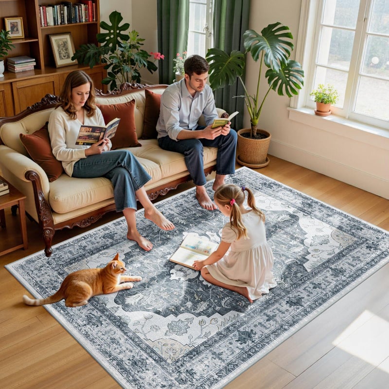 RELEANY Area Rugs 5'x7' Washable Non-Slip, Floral Vintage Distress Print Pattern Medallion Carpet for Living Room Bedroom Dining Room, Light Gray Grey White - Image 3
