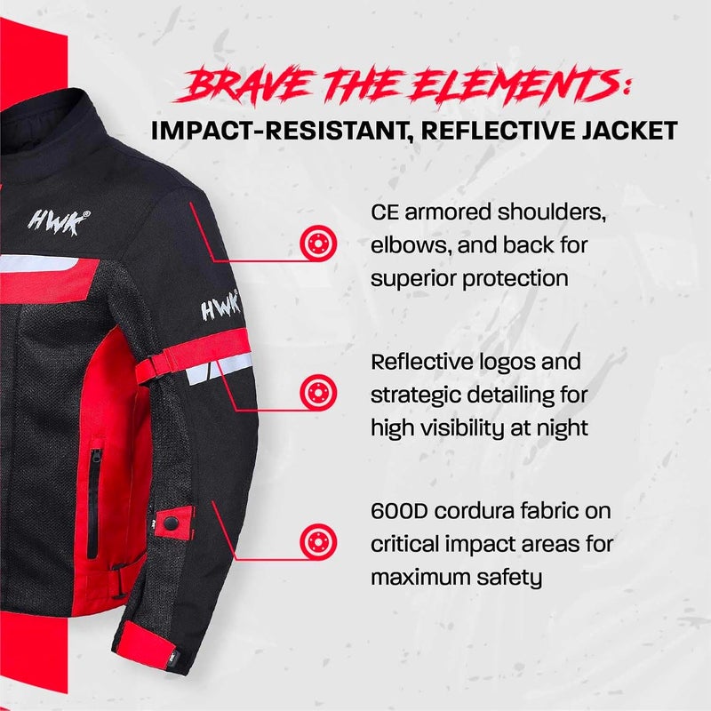HWK Mesh Motorcycle Jacket - Breathable CE Armored Riding Jacket for Men, Red, XL - Image 3