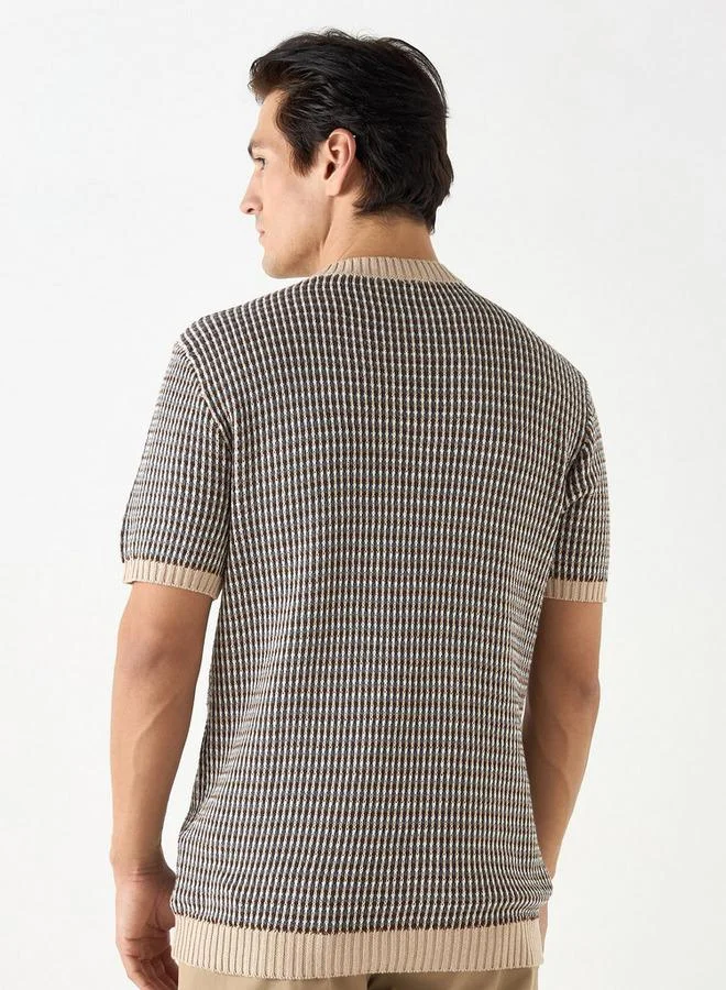 Iconic Iconic Textured Sweater with Round Neck and Short Sleeves