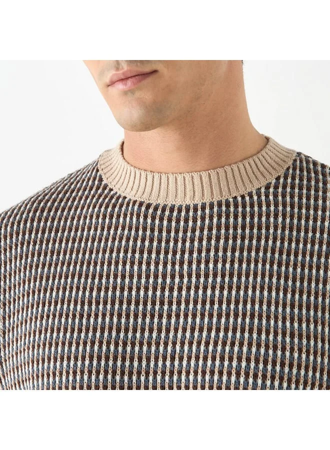 Iconic Iconic Textured Sweater with Round Neck and Short Sleeves