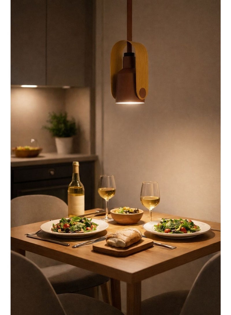 Metal pendant light featuring premium wood decor in elegant modern design with E27 bulb, length 27 cm and width 12 cm - Image 5