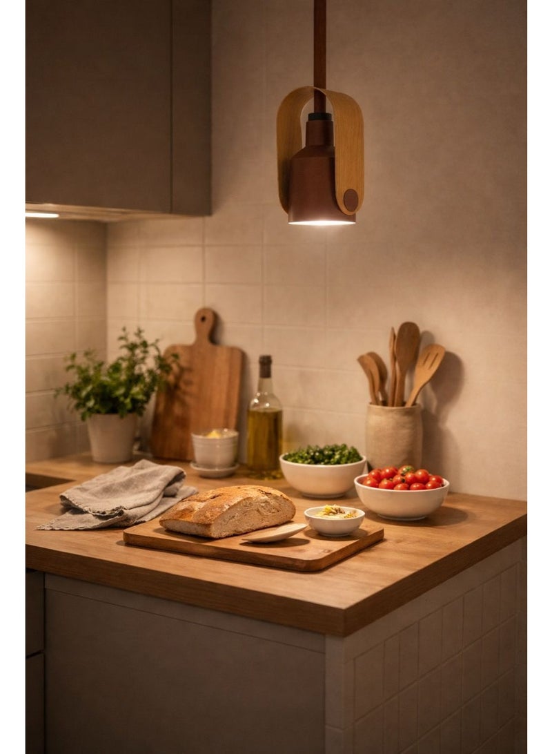 Metal pendant light featuring premium wood decor in elegant modern design with E27 bulb, length 27 cm and width 12 cm - Image 4