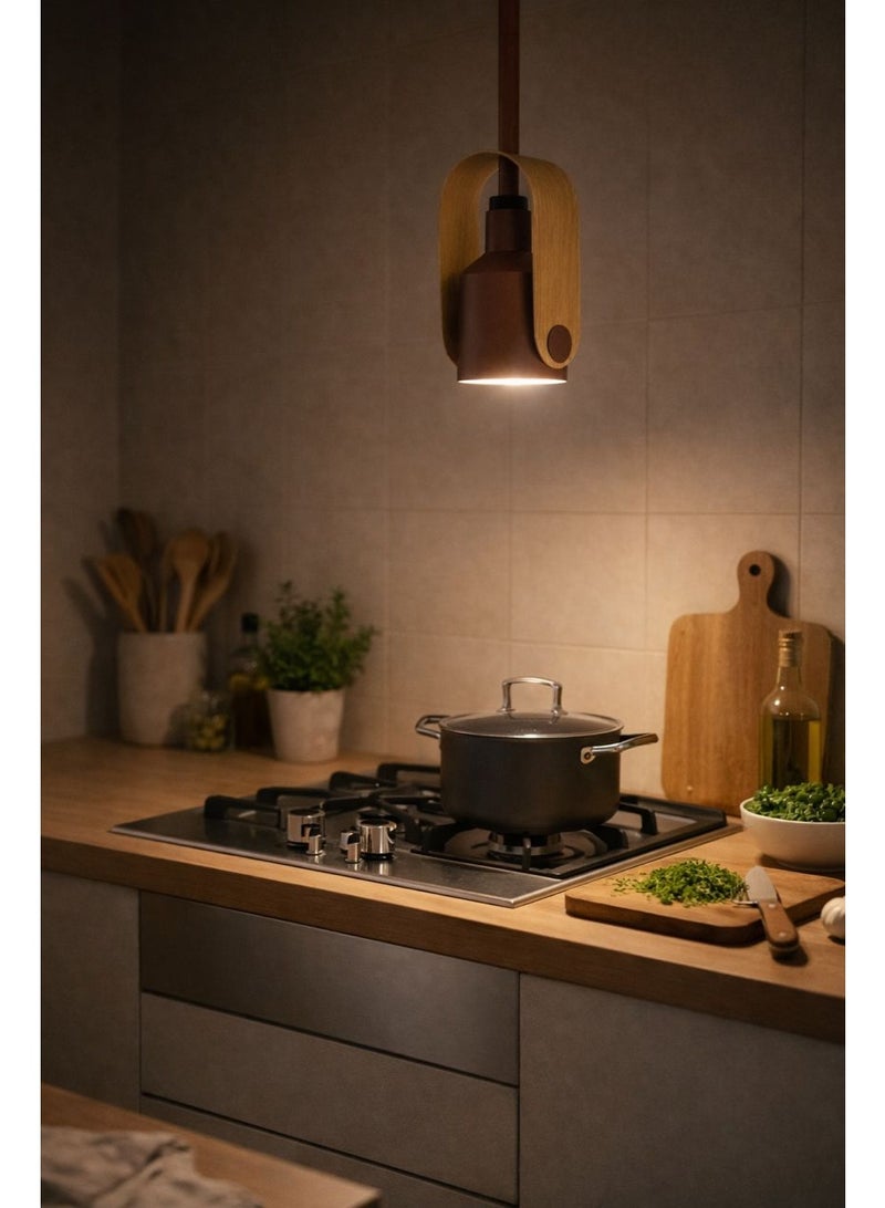 Metal pendant light featuring premium wood decor in elegant modern design with E27 bulb, length 27 cm and width 12 cm - Image 3