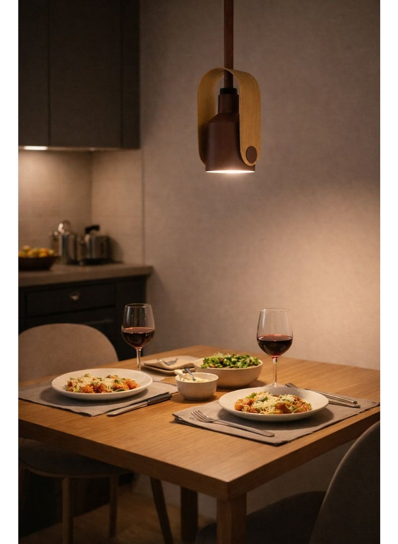 Metal pendant light featuring premium wood decor in elegant modern design with E27 bulb, length 27 cm and width 12 cm - Image 2