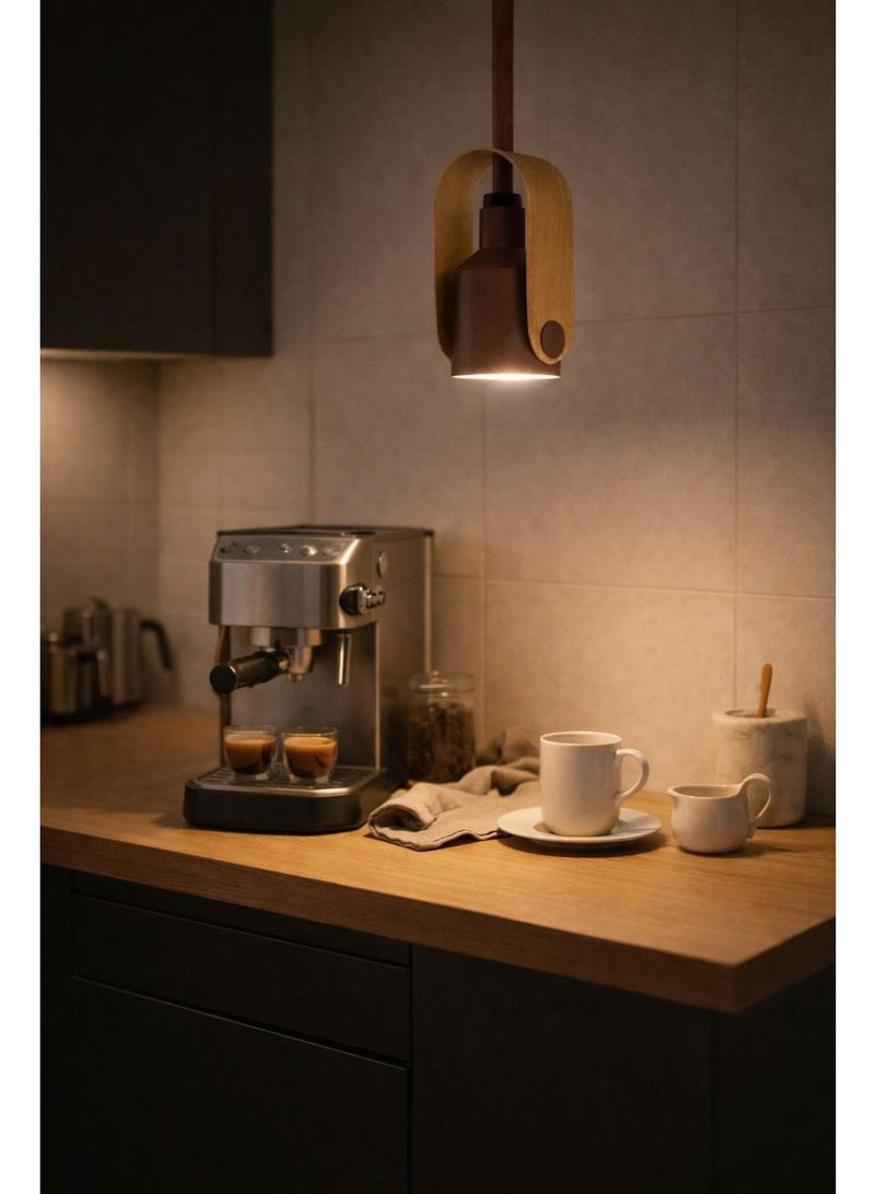 Metal pendant light featuring premium wood decor in elegant modern design with E27 bulb, length 27 cm and width 12 cm - Image 1
