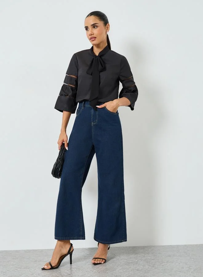 Styli Black Tie-Up Neck Blouse with 3/4 Sleeves
