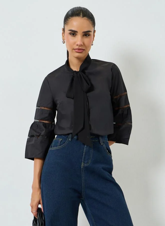 Styli Black Tie-Up Neck Blouse with 3/4 Sleeves