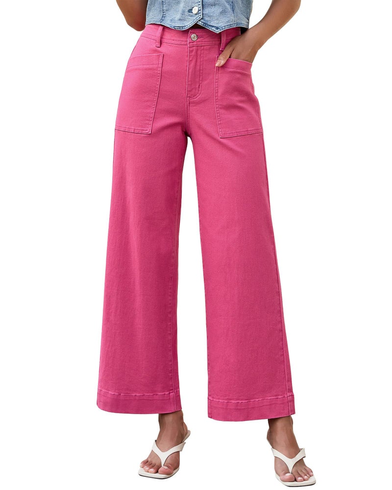 luvamia High Waisted Ankle Jeans for Womens Hot Pink Jeans Wide Leg Patch Pocket Pants for Women Trendy High Waisted Patch Pocket Ankle Length Stretchy Denim Pants Hot Pink Size Large US 12 to 14 - Image 1