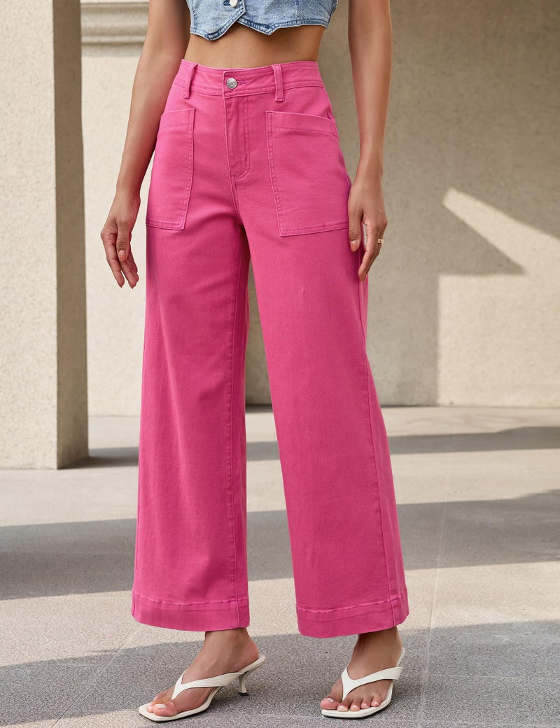 luvamia High Waisted Ankle Jeans for Womens Hot Pink Jeans Wide Leg Patch Pocket Pants for Women Trendy High Waisted Patch Pocket Ankle Length Stretchy Denim Pants Hot Pink Size Large US 12 to 14 - Image 4