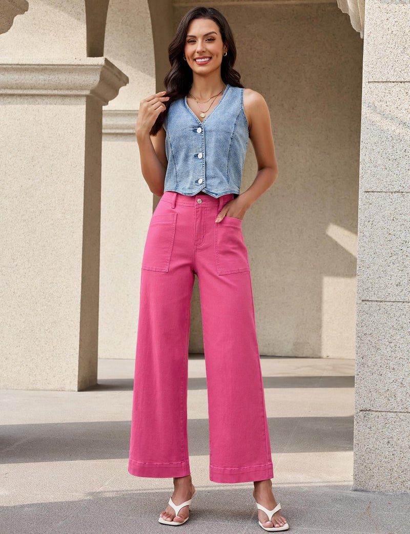luvamia High Waisted Ankle Jeans for Womens Hot Pink Jeans Wide Leg Patch Pocket Pants for Women Trendy High Waisted Patch Pocket Ankle Length Stretchy Denim Pants Hot Pink Size Large US 12 to 14 - Image 5