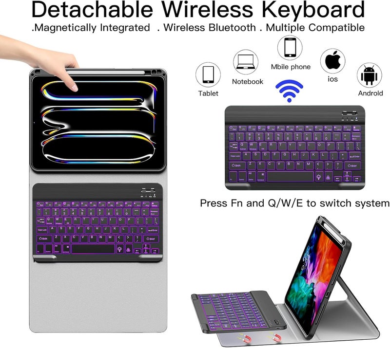 XIWMIX حافظة لوحة مفاتيح لـ iPad Pro مقاس 11 بوصة (M4) الجيل الخامس 2024 (الموديل A2836 A2837 A3006)، غطاء لوحة مفاتيح قابل لإعادة الشحن مع إضاءة خلفية وبلوتوث لاسلكي ومغناطيسي وقابل للفصل مع حامل قلم، أسود - Image 3