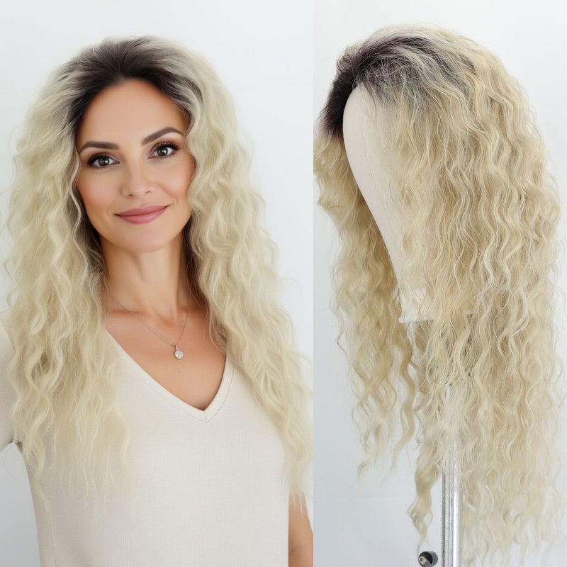 Fencca Blonde Long Curly Wavy Wig Ombre Platinum Blonde Wigs for Women Loose Wave Hair Glueless Heat Resistant Synthetic Wigs for Daily Party Use - Image 2