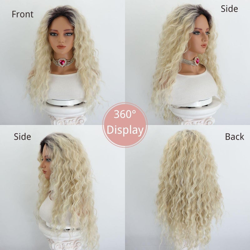 Fencca Blonde Long Curly Wavy Wig Ombre Platinum Blonde Wigs for Women Loose Wave Hair Glueless Heat Resistant Synthetic Wigs for Daily Party Use - Image 3