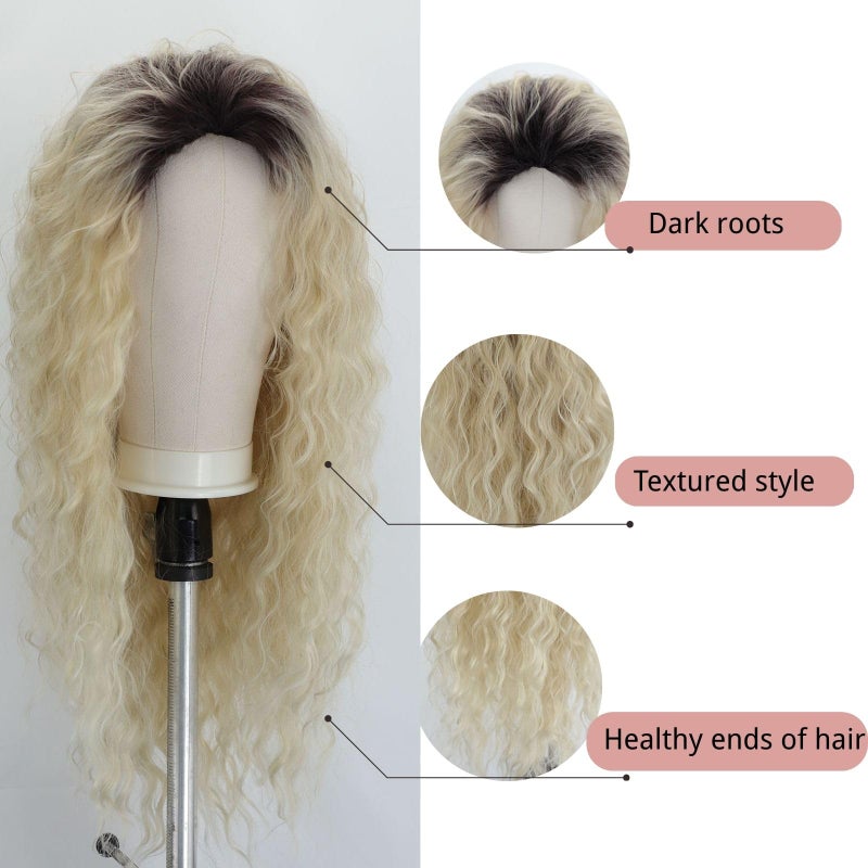 Fencca Blonde Long Curly Wavy Wig Ombre Platinum Blonde Wigs for Women Loose Wave Hair Glueless Heat Resistant Synthetic Wigs for Daily Party Use - Image 5