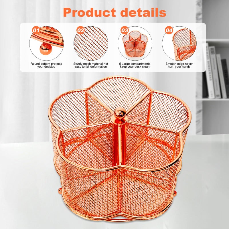PNEUICALLY 360 Degree Rotate Pen Holder for Desk Mesh Desk Pen Organizer Pencil Holder Large Capacity Accessories & Workspace Organizers for School,Home (Rose Gold, No hook) - Image 4