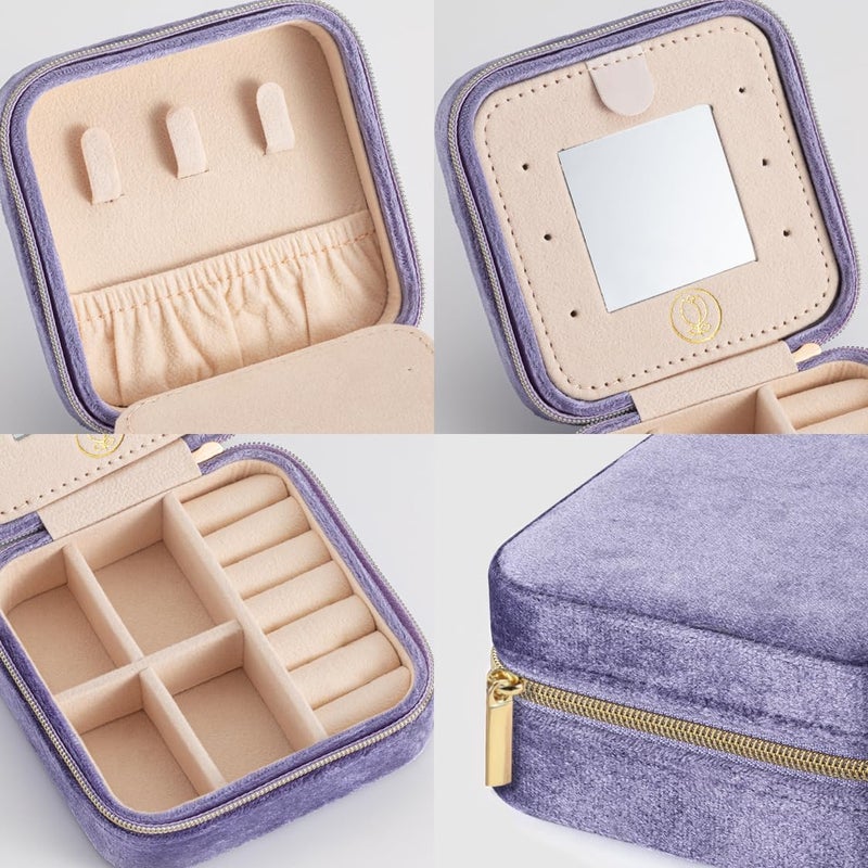 ZPROW Plush Velvet Travel Jewelry Case, Travel Jewelry Organizer, Jewelry Travel Case,Travel Jewelry Box, Small Jewelry Case for Women, Jewelry Travel Box, Earring Organizer with Mirror - Periwinkle - Image 2