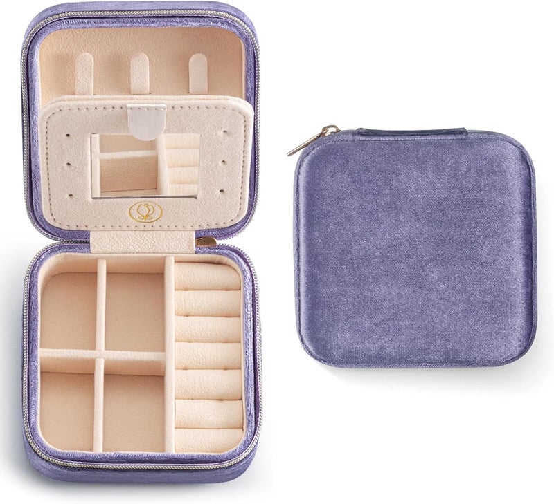 ZPROW Plush Velvet Travel Jewelry Case, Travel Jewelry Organizer, Jewelry Travel Case,Travel Jewelry Box, Small Jewelry Case for Women, Jewelry Travel Box, Earring Organizer with Mirror - Periwinkle - Image 1