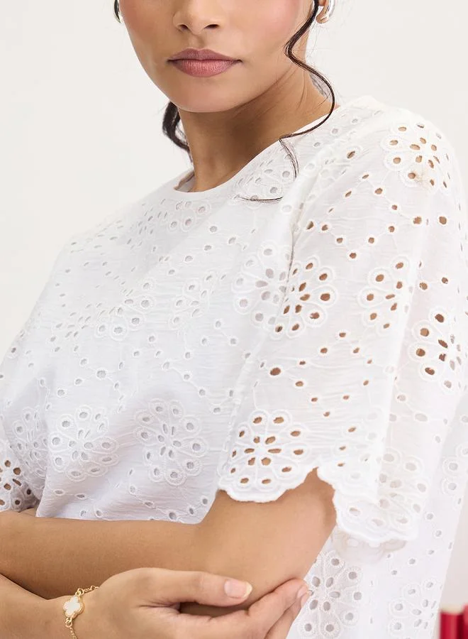 Femmella  Femmella White Cotton Schiffli Top for Women | Best Price UAE