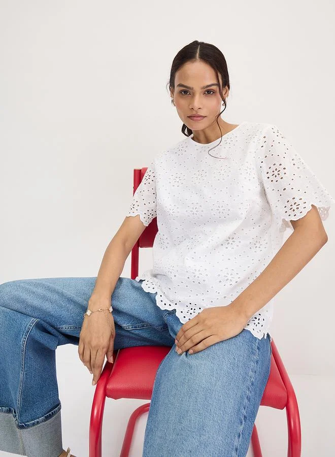Femmella  Femmella White Cotton Schiffli Top for Women | Best Price UAE