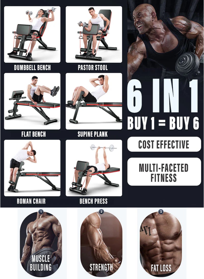 Toshionics Adjustable 6 in 1 Multifunctional Weight Bench with Preacher Curl Pad, 2 Resistance Bands, Leg Developer & 7 Backrest Positions Heavy-Duty Foldable Strength Training Bench for Full Body Fitness Workout, 300KG Capacity, Home Gym Dumbbell Exercise Strength Training Equipment For Men and Women Bench Press Sit Up Flat Incline Decline Chair Abs Motion Assist Abdominal  - Image 3