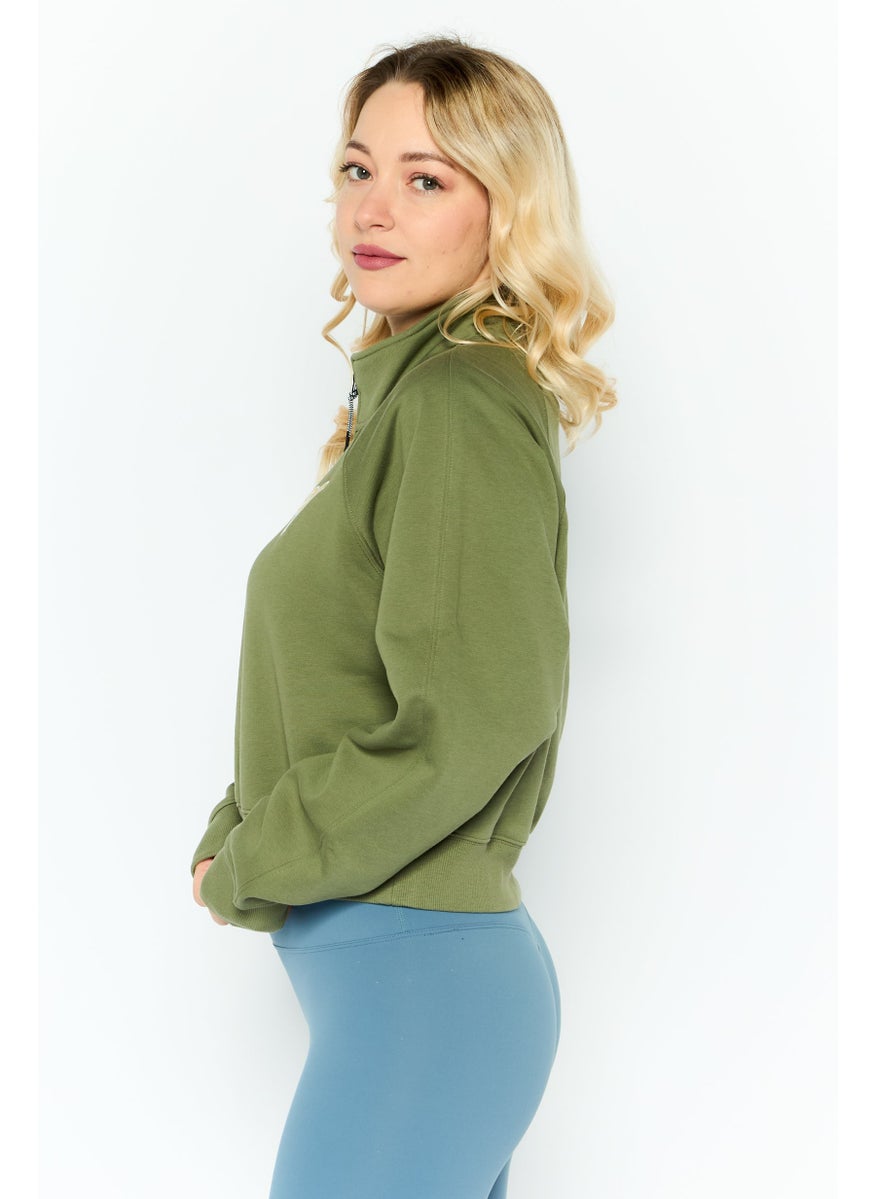 ESPRIT - Women Mock Neck Embroidered Long Sleeves Sweatshirt, Olive - Image 1