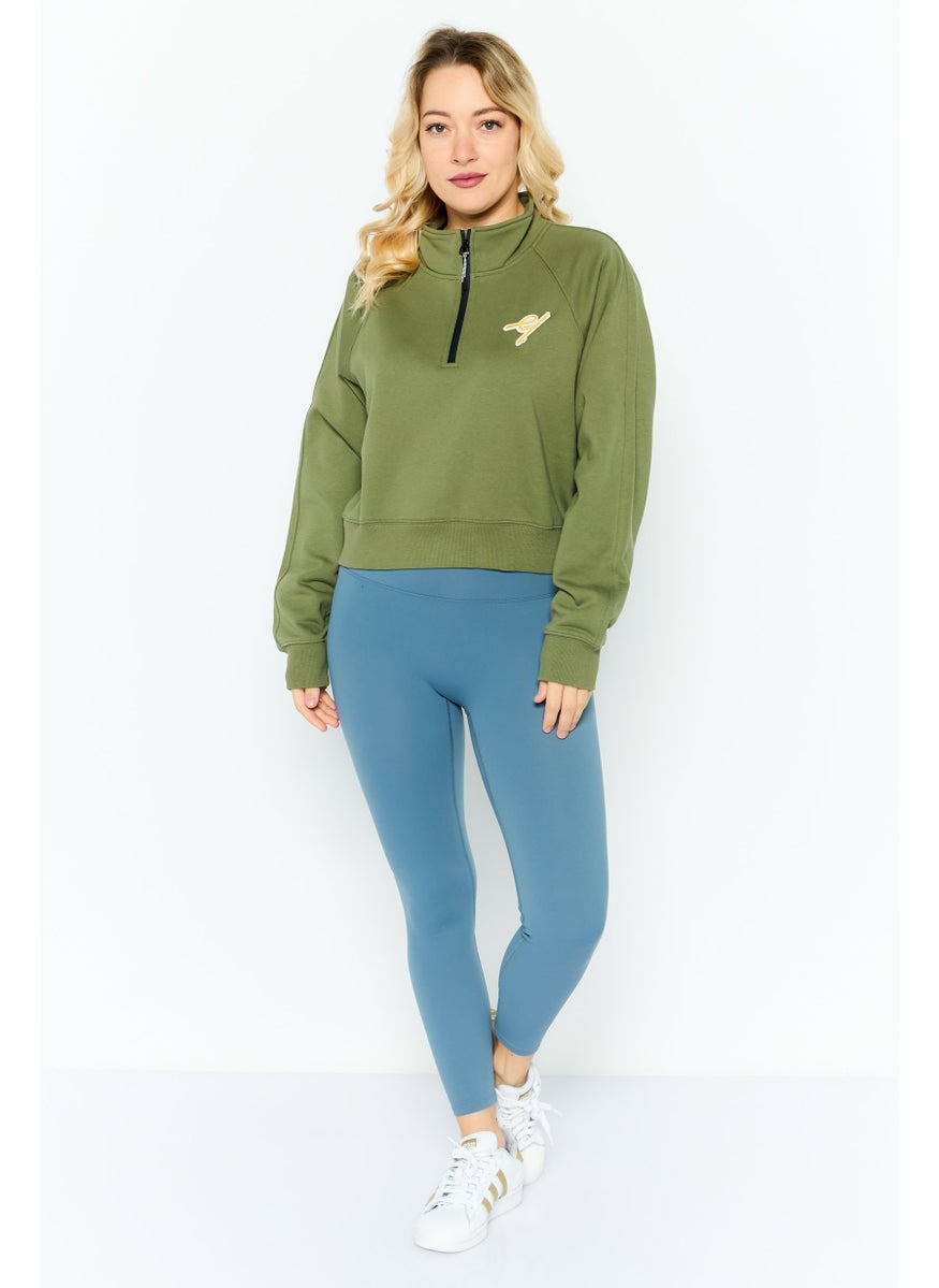 ESPRIT - Women Mock Neck Embroidered Long Sleeves Sweatshirt, Olive - Image 1