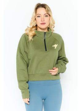 Women Mock Neck Embroidered Long Sleeves Sweatshirt, Olive