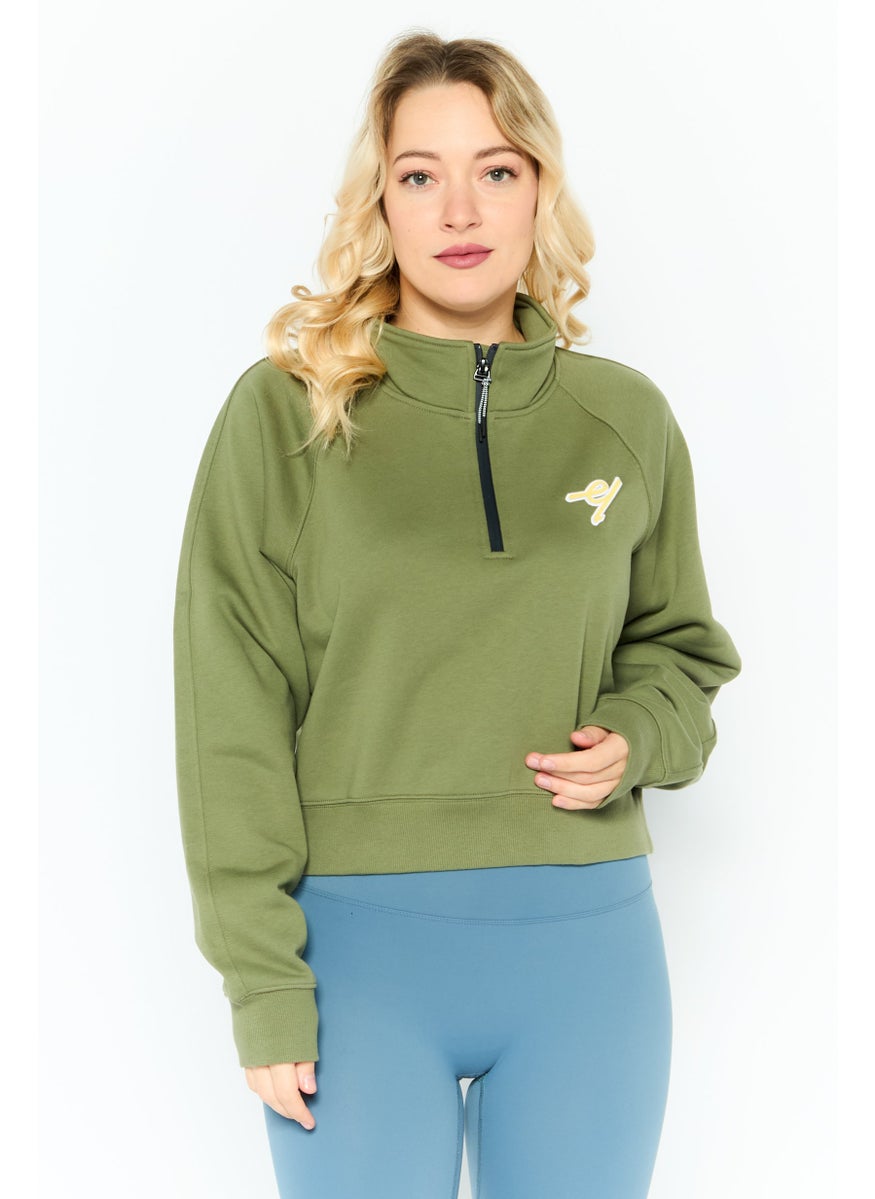 ESPRIT - Women Mock Neck Embroidered Long Sleeves Sweatshirt, Olive - Image 1
