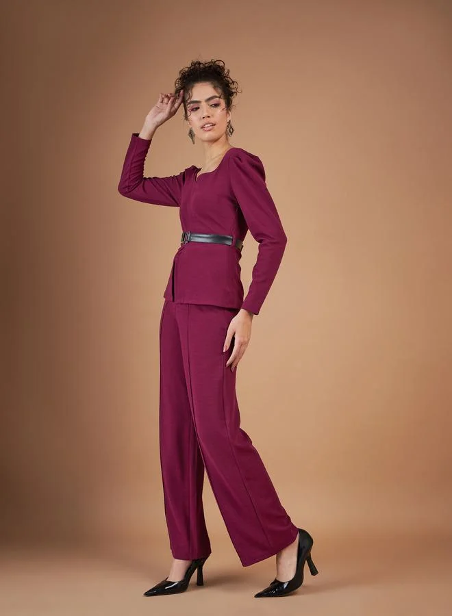 SASSAFRAS Belted Peplum Top & Pintuck Straight Pants Co-Ord by Styli