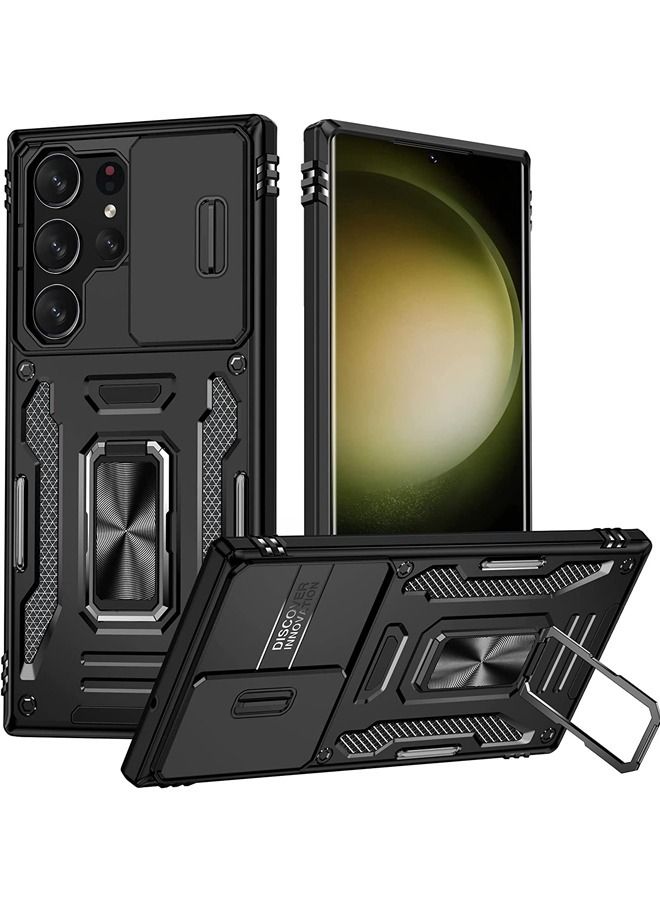 كابتن تيك جراب Galaxy S23 Ultra مضاد للصدمات لـ S23 5G مضاد للسقوط مضاد للسقوط مدمج بغطاء عدسة كاميرا مضاد للخدش مدمج بزاوية 360 درجة ومسند بحلقة دائرية 6.8 بوصة أسود - Image 1