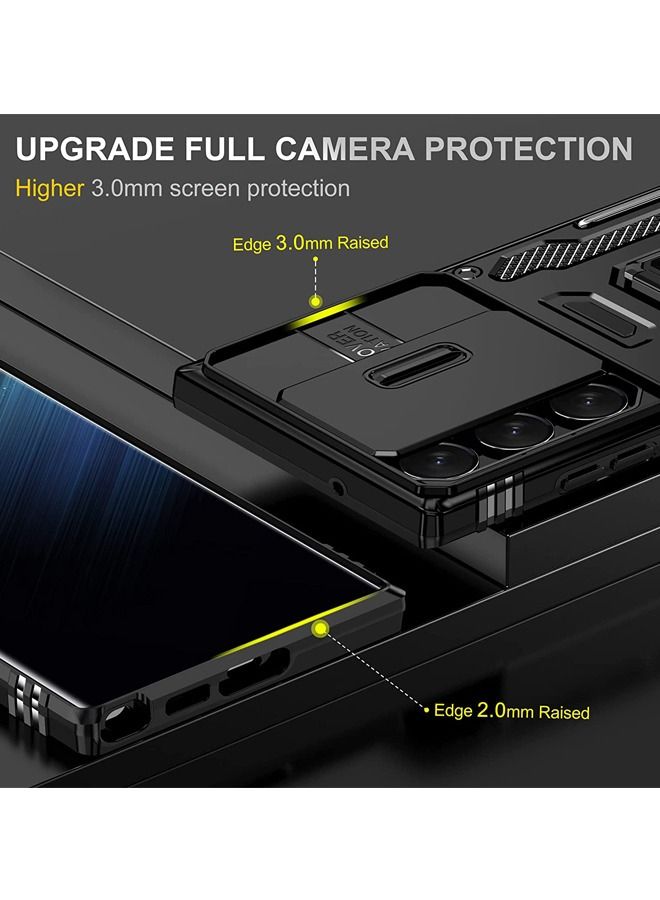 كابتن تيك جراب Galaxy S23 Ultra مضاد للصدمات لـ S23 5G مضاد للسقوط مضاد للسقوط مدمج بغطاء عدسة كاميرا مضاد للخدش مدمج بزاوية 360 درجة ومسند بحلقة دائرية 6.8 بوصة أسود - Image 3