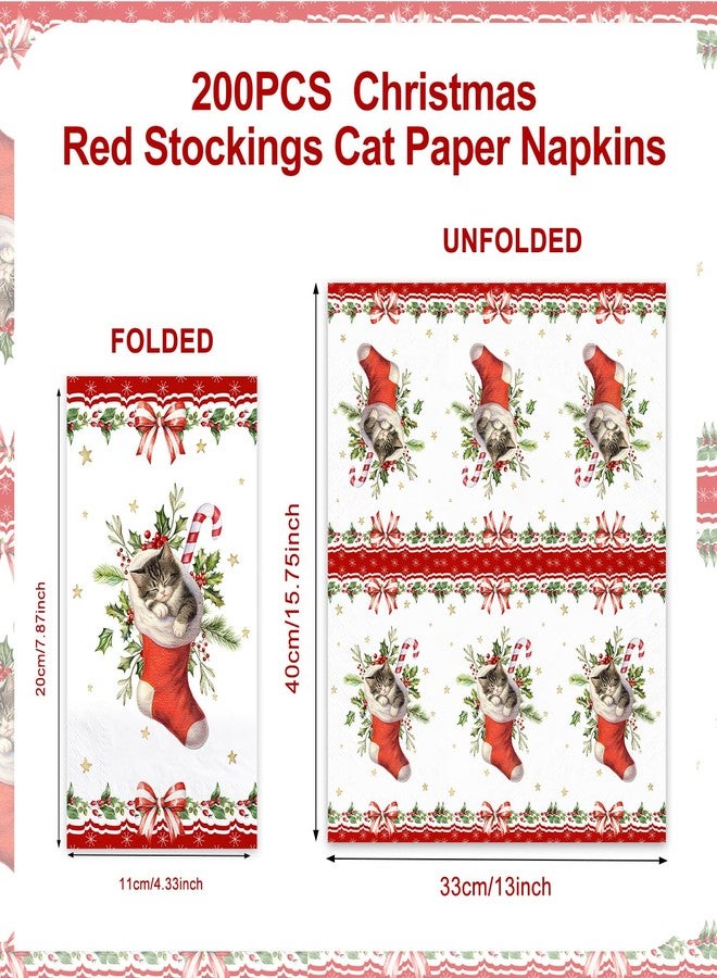 Lokigo 200 Pcs Disposable Guest Napkins Christmas Red Stockings Cat 2 Ply Decorative Dinner Paper Hand Towels Xmas Winter Cocktail Guest Hand Napkins for Party Holiday Bathroom (Cat) - Image 2