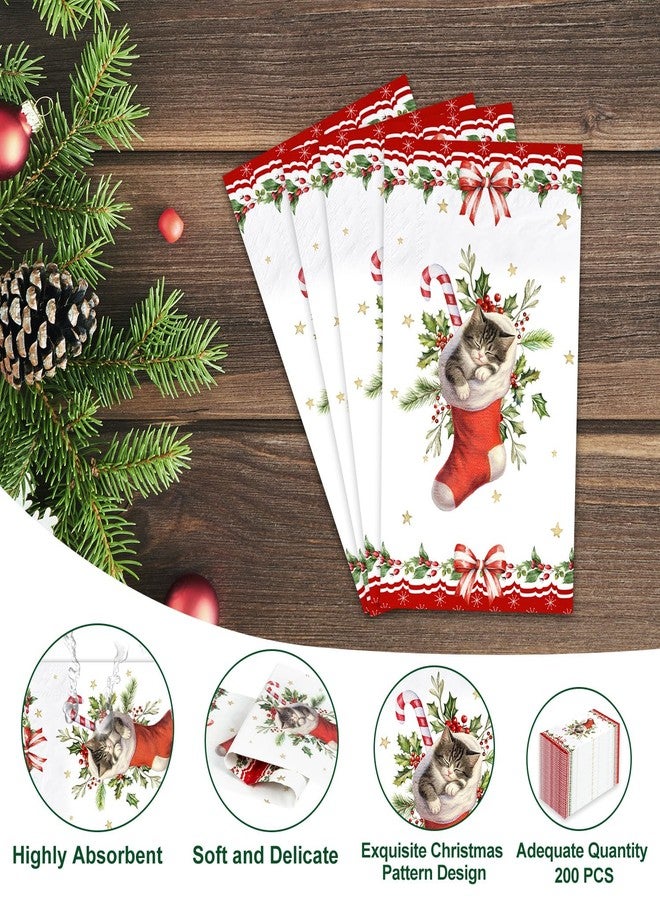 Lokigo 200 Pcs Disposable Guest Napkins Christmas Red Stockings Cat 2 Ply Decorative Dinner Paper Hand Towels Xmas Winter Cocktail Guest Hand Napkins for Party Holiday Bathroom (Cat) - Image 3