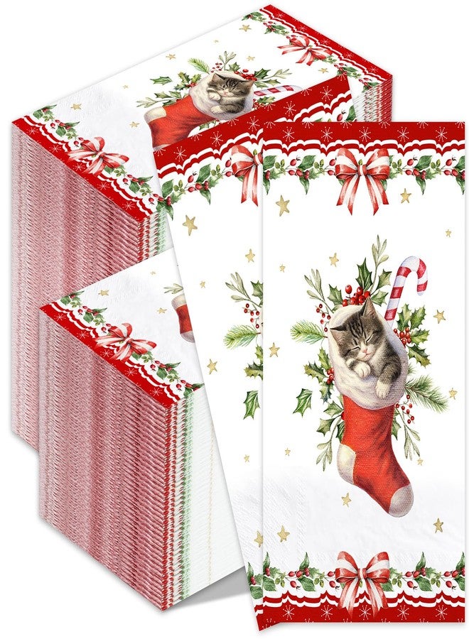 Lokigo 200 Pcs Disposable Guest Napkins Christmas Red Stockings Cat 2 Ply Decorative Dinner Paper Hand Towels Xmas Winter Cocktail Guest Hand Napkins for Party Holiday Bathroom (Cat) - Image 1