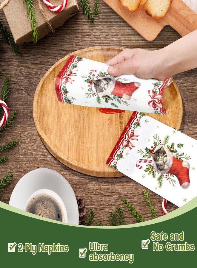 Lokigo 200 Pcs Disposable Guest Napkins Christmas Red Stockings Cat 2 Ply Decorative Dinner Paper Hand Towels Xmas Winter Cocktail Guest Hand Napkins for Party Holiday Bathroom (Cat) - Image 4