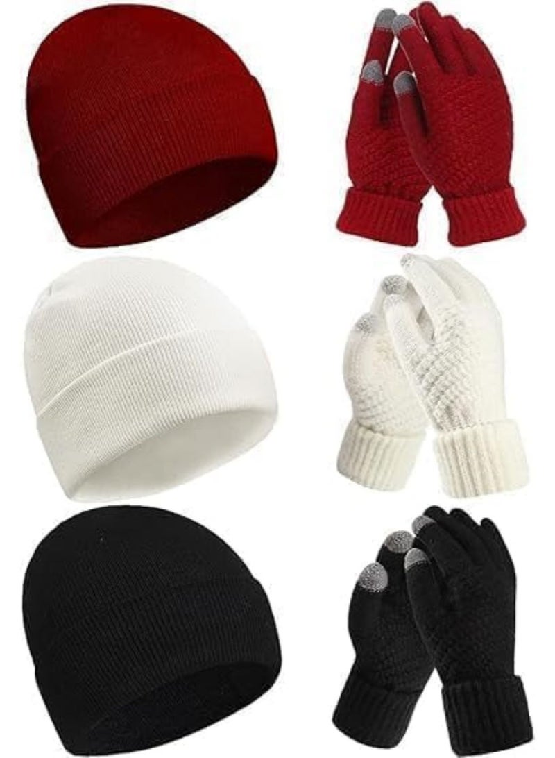 HZYH 6 Pieces Winter Beanie Hat Gloves Set, Warm Knit Hat Touchscreen Gloves Soft Cozy Skull Cap Set for Women  Men - Image 1