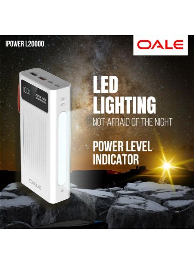 OALE 20000mAh Power Bank with Built-in Cables, 22.5W Fast Charging, Type-C PD, Digital Display, LED Light, (white) - Image 5