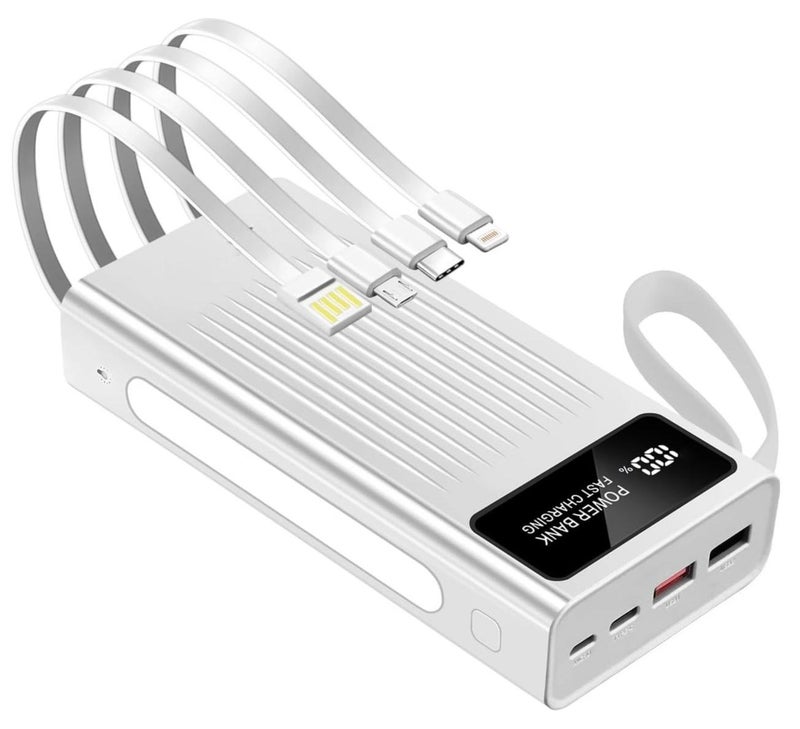 OALE 20000mAh Power Bank with Built-in Cables, 22.5W Fast Charging, Type-C PD, Digital Display, LED Light, (white) - Image 1