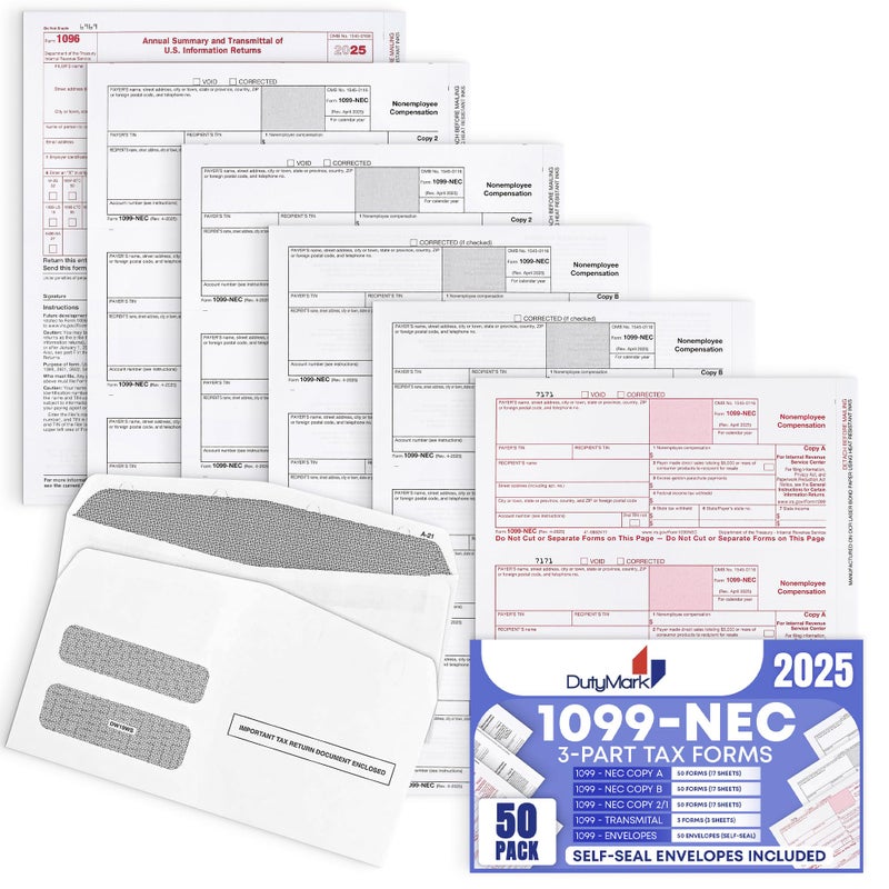 Dutymark 1099 NEC Tax Forms 2025, 3 Part of Laser NEC Tax Forms, 50 Pack and 50 Self-Seal Envelopes, Pack Included Federal/State Copy's, 1096's â€“Great for QuickBooks and Accounting Software, 50 Pack - Image 1