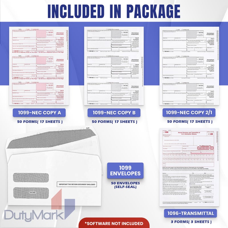 Dutymark 1099 NEC Tax Forms 2025, 3 Part of Laser NEC Tax Forms, 50 Pack and 50 Self-Seal Envelopes, Pack Included Federal/State Copy's, 1096's â€“Great for QuickBooks and Accounting Software, 50 Pack - Image 2