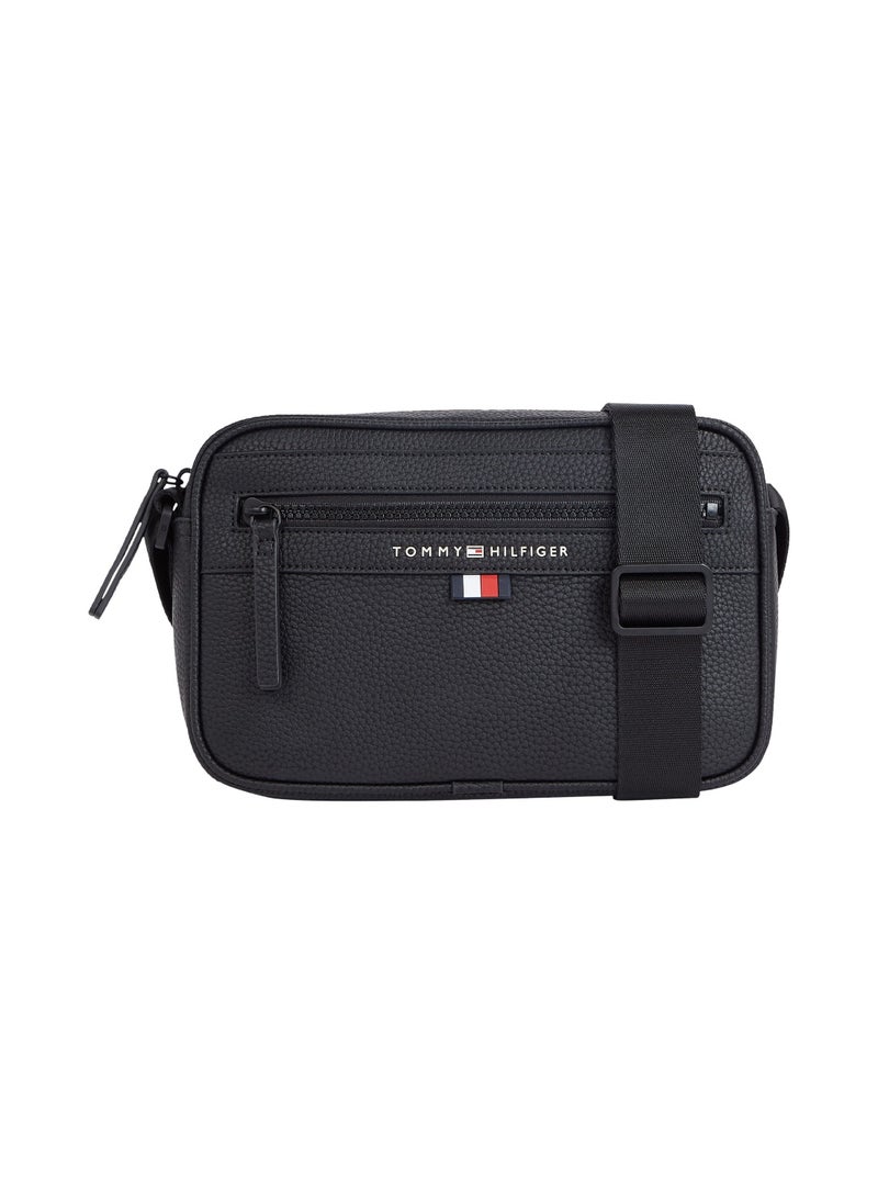 TOMMY HILFIGER Men's Essential Metal Logo Reporter Bag - Faux Leather, Black  - Image 1