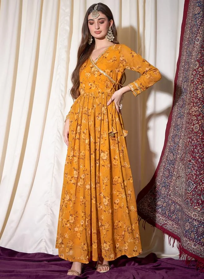 STREET 9 Yellow Floral Print Lace and Tie Up Ethnic Maxi Dress