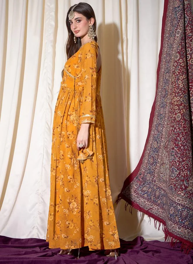 STREET 9 Yellow Floral Print Lace and Tie Up Ethnic Maxi Dress