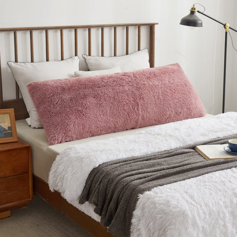 XeGe Soft Plush Body Pillow Cover  20x54 Big Fluffy Body Pillowcase  Boho Faux Fur Fuzzy Long Decorative Pillow Sham for Bedroom Sofa Couch  Solid Shaggy Throw Bed Pillow Case Old Pink - Image 1