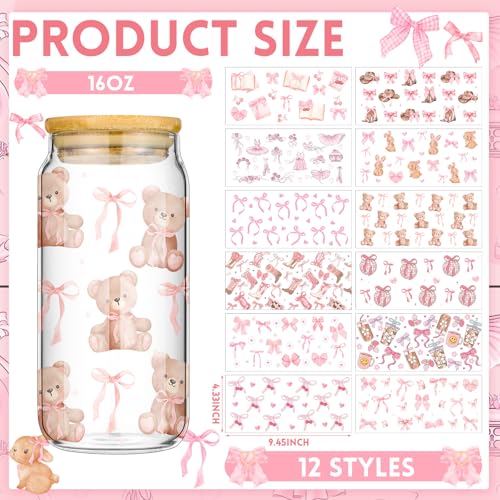 Glenmal 12 Sheets Coquette UV DTF Cup Wrap Stickers Pink Bow UV DTF Cup Wraps Transfer Stickers for DIY Craft Decorations for 16 oz Glass Water Bottle (Lovely) - Image 2