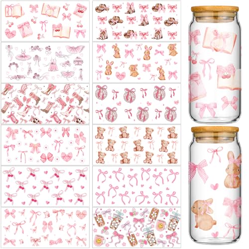 Glenmal 12 Sheets Coquette UV DTF Cup Wrap Stickers Pink Bow UV DTF Cup Wraps Transfer Stickers for DIY Craft Decorations for 16 oz Glass Water Bottle (Lovely) - Image 1