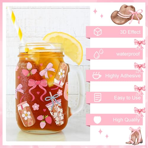 Glenmal 12 Sheets Coquette UV DTF Cup Wrap Stickers Pink Bow UV DTF Cup Wraps Transfer Stickers for DIY Craft Decorations for 16 oz Glass Water Bottle (Lovely) - Image 4